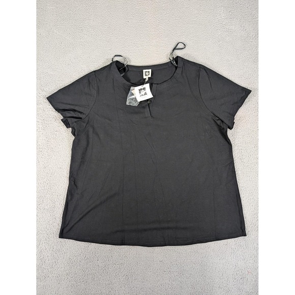 Anne Klein Shirt Womens 2X Plus Size Black Short Sleeve Split Neck Stretch NWT - Picture 1 of 9